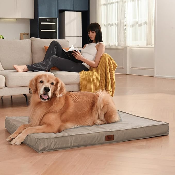 Outdoor Extra Large Dog Crate Bed, XXL Waterproof Dog Bed for Giant Breeds Dogs, 47x29 Inch Orthopedic Egg Crate Foam Pet Mat with Removable Cooling Cover, Khaki