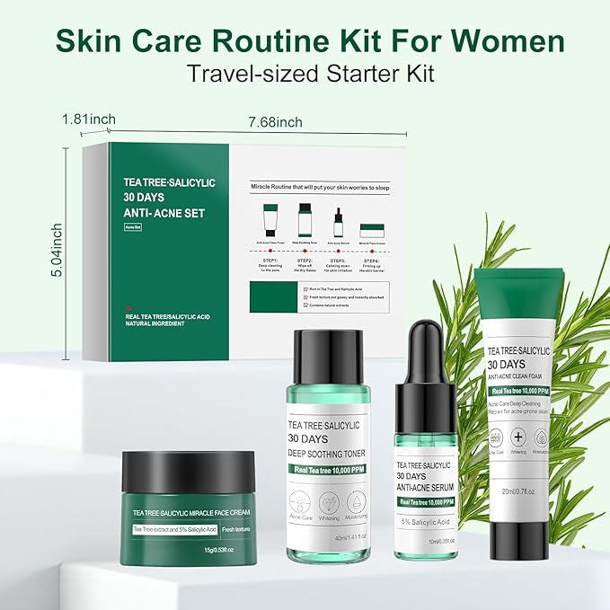 Tea Tree Salicylic Acid Facial Skin Care Set, Acne Treatment Skincare Set ,Skincare Mini Kit, Facial Kit Gifts for Women,Cleanser, Toner, Serum, Cream,Oil Control Facial Kit, Travel Size Set