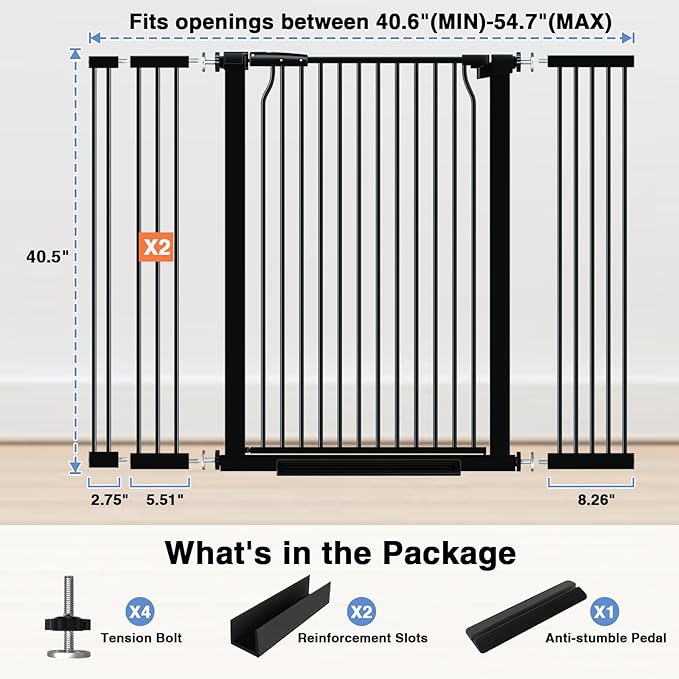 40.55" Extra Tall Baby Gate for Stairs-40.6"-54.7" Wide 1.37" Ultra Narrow Spacing Extra Wide Pet Cat Gate Dog Gate-Auto-Close Pressure Mounted Dog Door for Pets and Kids,Black