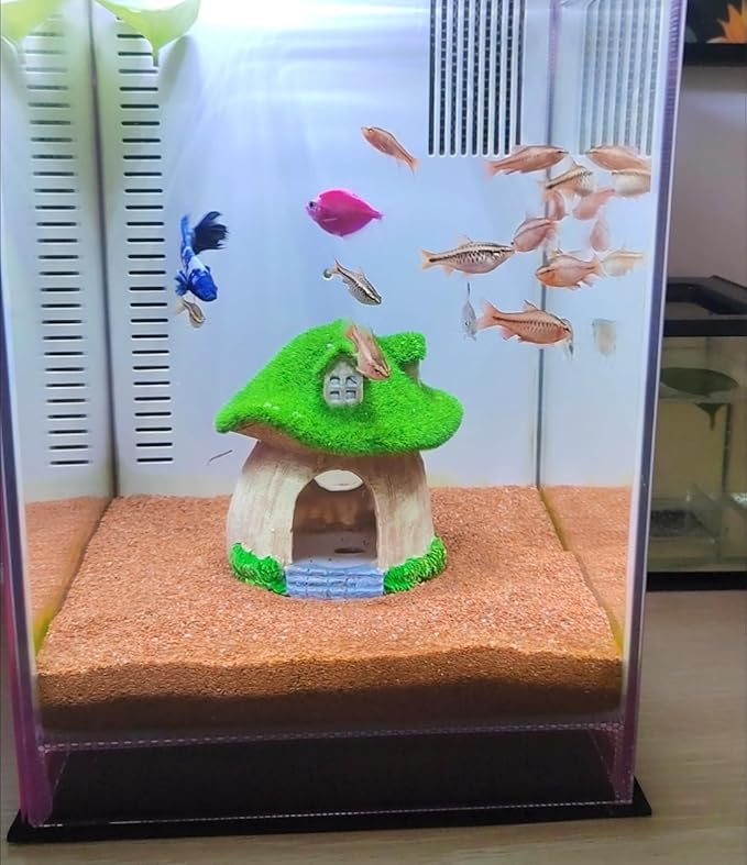 Fish House for Aquarium Aquarium Decorations Fish Hideout Mushroom Fish Tank House with Lifelike Moss (Mushroom)