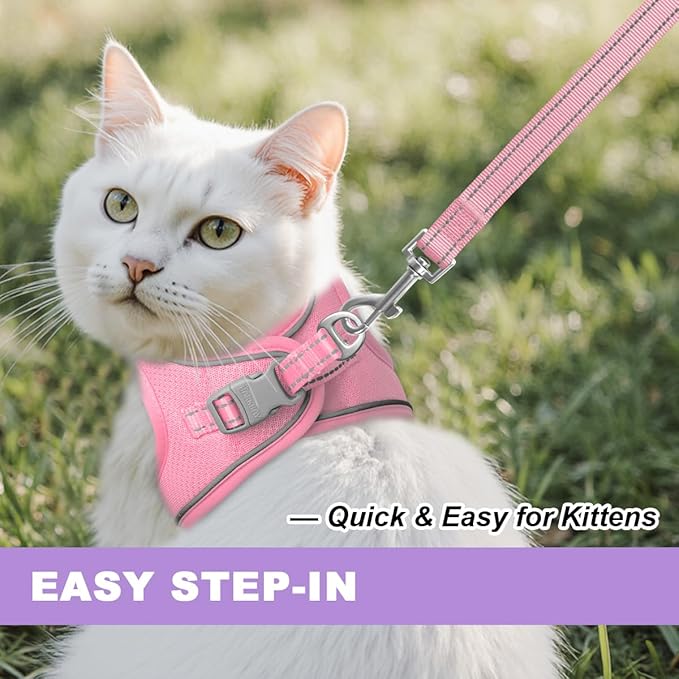 Cat Harness and Leash Set,Escape Proof Kitten Harness,Step in Adjustable Soft Lightweight,Easy Control,Reflective Strips Comfortable for Walking Travel(Baby Pink,XXXS)