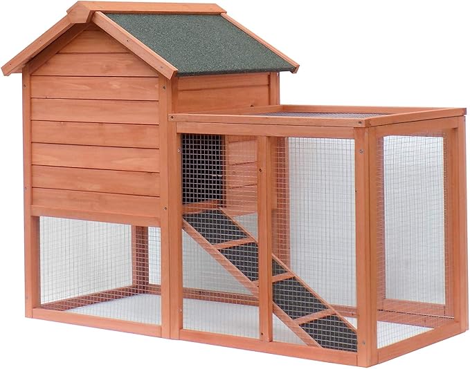 48" L 2 Levels Outdoor Rabbit Hutch Weatherproof Bunny Hutch Outside Wooden Rabbit House Cage Small Animal Houses & Habitats with Ramp, Pull-Out Tray, Asphalt Roof, for Rabbits Chicken Guinea Pigs