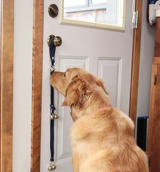 Leather Dog Doorbells for Door Knob/Potty Training/Go Outside, Length Adjustment Copper Dog Bell, Housetraining Hanging Bell, Gray Leather Silver Bells
