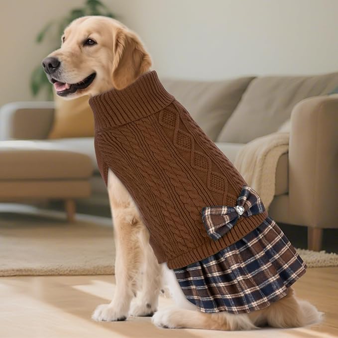 KYEESE Dog Sweater Stretchy Pet Coats Soft Pullover Dogs Clothes Thick Knitwear Pet Sweater Dress Comfy Dog Sweaters for Medium Dogs Boy Warm Turtleneck Pets Sweaters with Bowtie, Brown, XX-Large