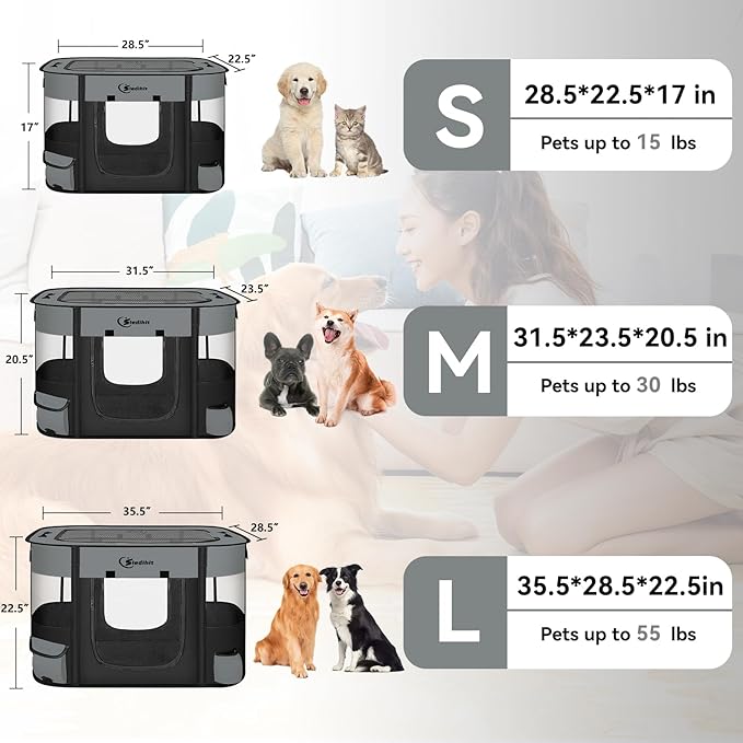 Dog Cat Playpen, Pet Puppy Portable Pens for Outdoor Travel Crate, Indoor After Surgery Use, Foldable Dog Kennel Tent for Rabbit or Small Animals and Tent Stakes(Dark Grey, Middle)