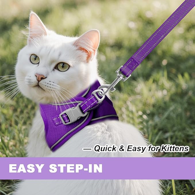 Cat Harness and Leash Set,Escape Proof Kitten Harness,Step in Adjustable Soft Lightweight,Easy Control,Reflective Strips Comfortable for Walking Travel(Purple,XS)
