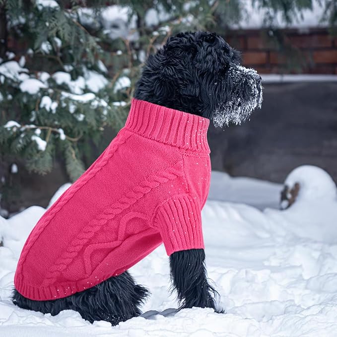 Queenmore Small Dog Pullover Sweater, Cold Weather Cable Knitwear, Classic Turtleneck Thick Warm Clothes for Chihuahua, Bulldog, Dachshund, Pug (Fuchsia, Small)