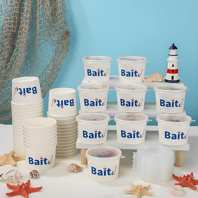 50 Pcs Fishing Party Favors 8/9 oz Bait Cups with Lids Disposable Bulk Plastic Bait Cups for Water Wine Coffee Cake Fishing Birthday Baby Shower Favors Decor (White,8 oz)