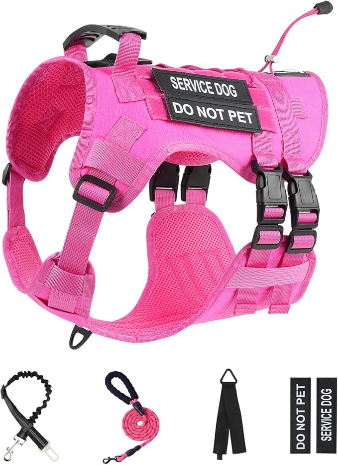 No Pull Tactical Dog Harness for Large Dogs, Escape Proof Molle Dog Vest Harness and Leash Set, Adjustable Military Service Dog Harness with Handle for Medium Large Dogs (Pink, M)