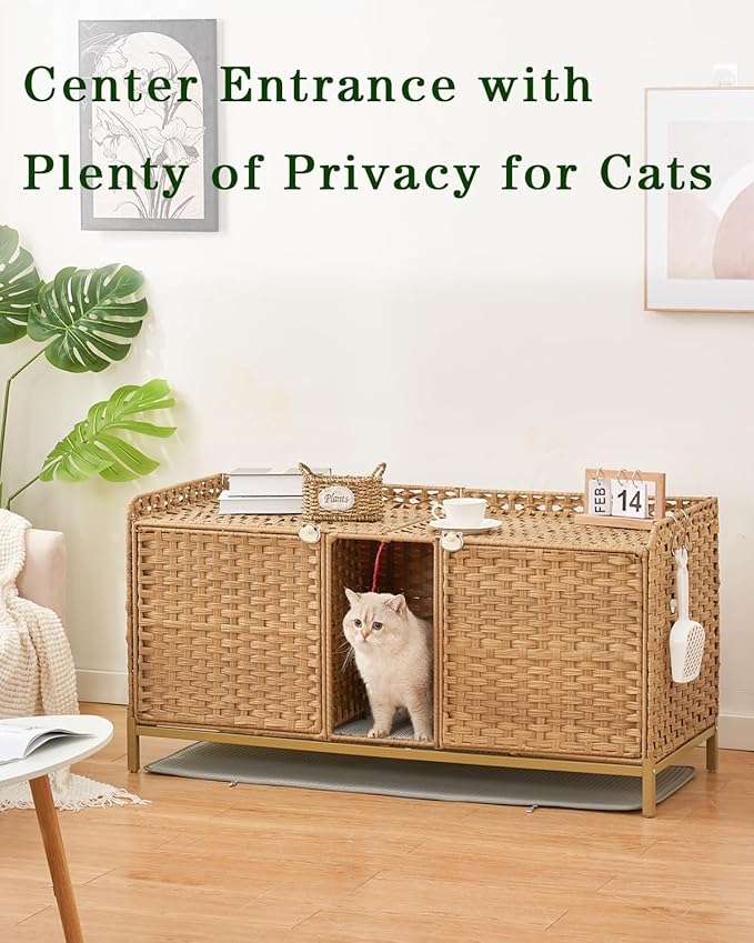 Cat Litter Box Enclosure for 2 Cats, Hidden Litter Box Furniture with Mat, Large Rattan Cat House with Double Room and Door, 47.3 L x 19.7 W x 24 H, 2 S-Shaped Hooks for Living Room Natural