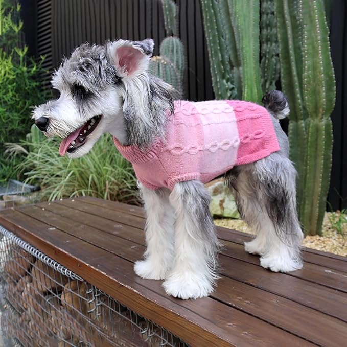 DELIFUR Color Block Dog Sweater - Knitted Turtleneck Cat Knitwear Warm Dog Coats with Classic Cable Fall Winter Clothes for Medium Dog Girl (Pink, X-Large)