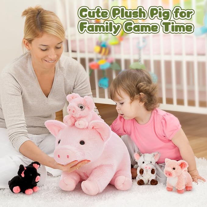 Pig Stuffed Animal Plush - Pink Mommy 16" with 4 Little Piggy in Her Zippered Tummy - Cute Plushie Toy Gift for Girls and Kids