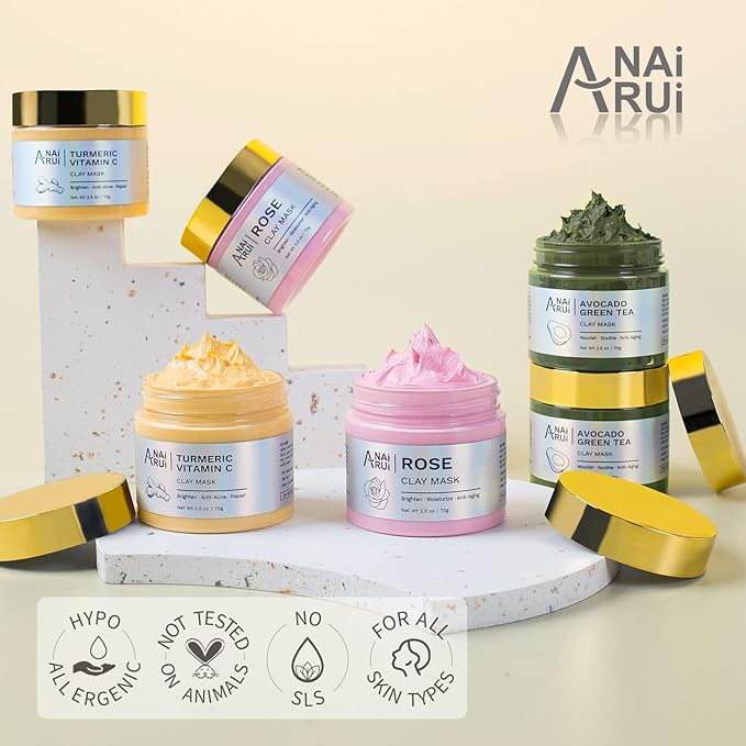 ANAI RUI 3 Pack Clay Mask Set Turmeric Vitamin C Clay Mask -Rose Facial Mask -Avocado Green Tea Mud Mask Smoothing, Hydration & Glow,Spa Gift Set, Self Care for Women Teens 2.5 oz Each