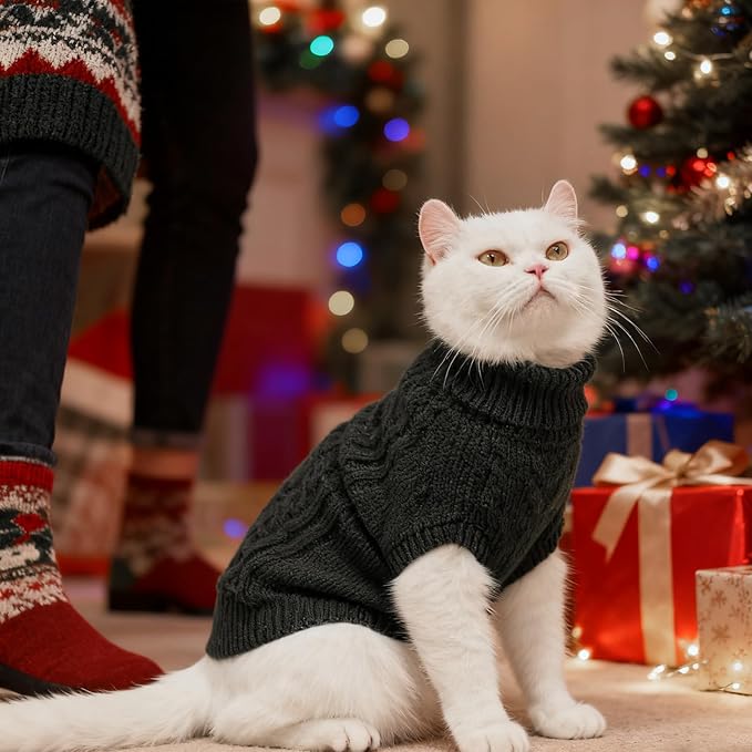 BINGPET Cat Sweater,Thermal Knitted Kitten Clothes Winter Coat,Classic Knit Turtleneck Cat Sweaters for Cats Only,Warm Pet Clothes for Kittens & Small Dogs Puppy Boy Girl Indoor Outdoor(Grey,S)