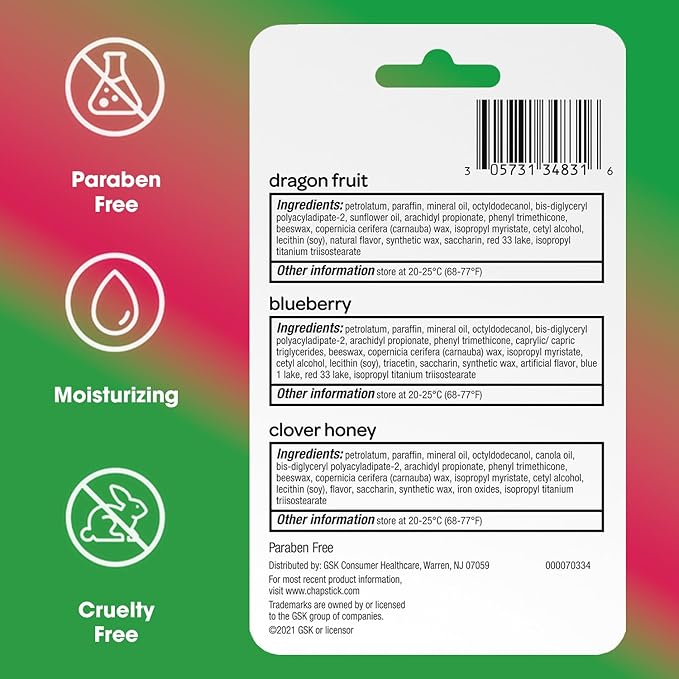 ChapStick Lip Balm, Superfood Collection 3-Pack – Dragon Fruit, Blueberry & Clover Honey, Moisturizer for Dry Lips, 0.15 Oz