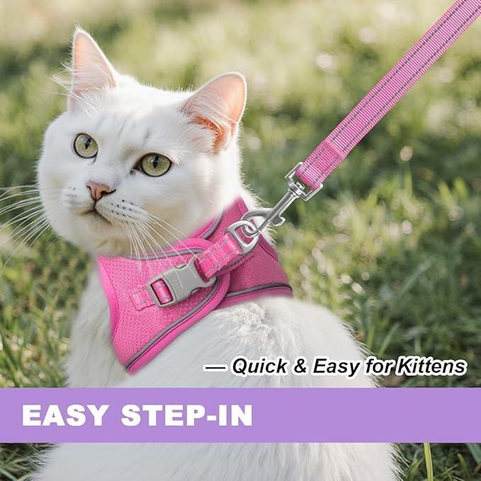 Cat Harness and Leash Set,Escape Proof Kitten Harness,Step in Adjustable Soft Lightweight,Easy Control,Reflective Strips Comfortable for Walking Travel(Pink,XS)