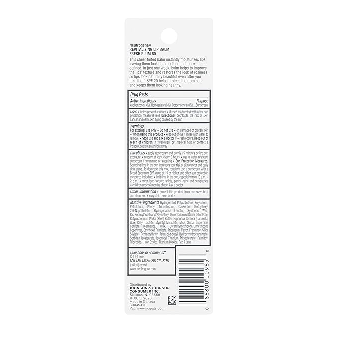 Neutrogena Revitalizing Tinted Lip Balm with SPF 20, Hydrating Tinted Lip Care with Sunscreen, Moisturizing Sheer Tint for Softer, Healthier-Looking Lips, Sheer Fresh Plum 60, 0.15 oz
