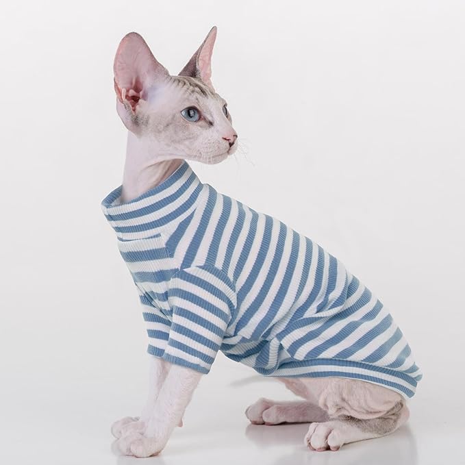 PUMYPOREITY Sphynx Cat Clothes, Soft Hairless Cats Shirt with Sleeves, Stretchy Cat Sweater, Pullover Cat Pajamas Jumpsuit, Turtleneck Cat Outfit for Sphynx Cornish Rex, Devon Rex, Blue, XS
