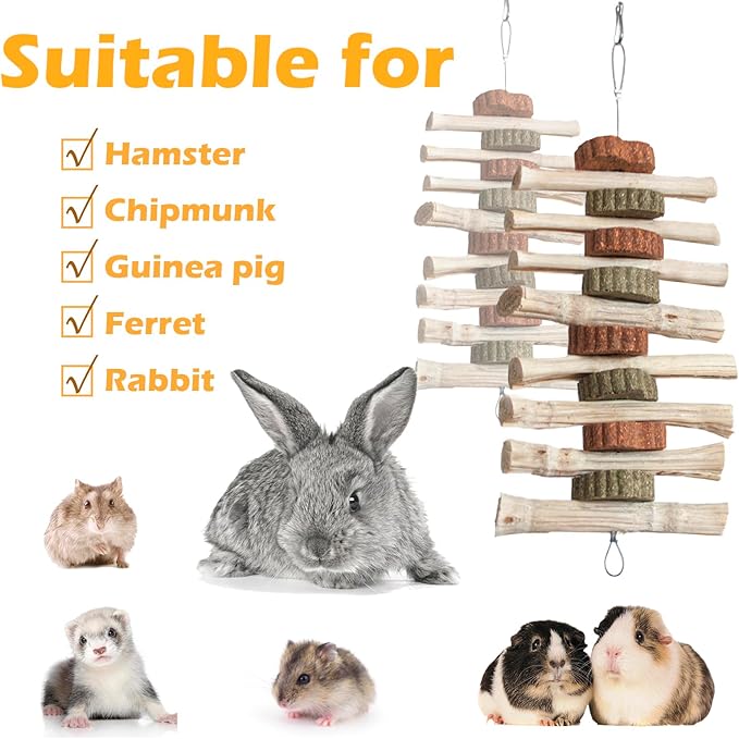 4 PCS Rabbit Chew Toys for Teeth Grinding, Delicious Bunny Cage Hanging Chew Toys, Natural Sweet Bamboo Chew Sticks and Timothy Grass Cake Hay Treats Maintaining Healthy Teeth for Rabbits
