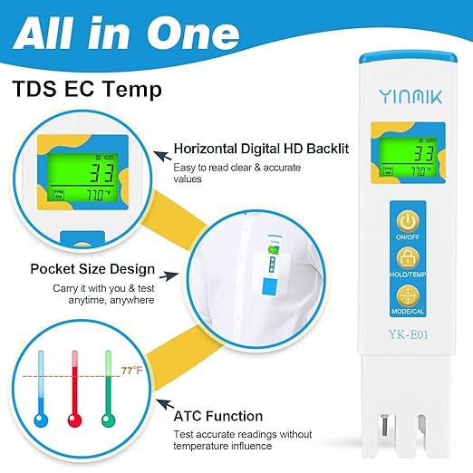 TDS Meter for Drinking Water, Water PPM Meter, EC TDS Tester for RO/RI System, Tap Water, Filtered Water, YINMIK Water Quality Tester with 6 Modes: PPM 500, PPM 700, μS/cm, mS/cm, Temp(℃/℉)