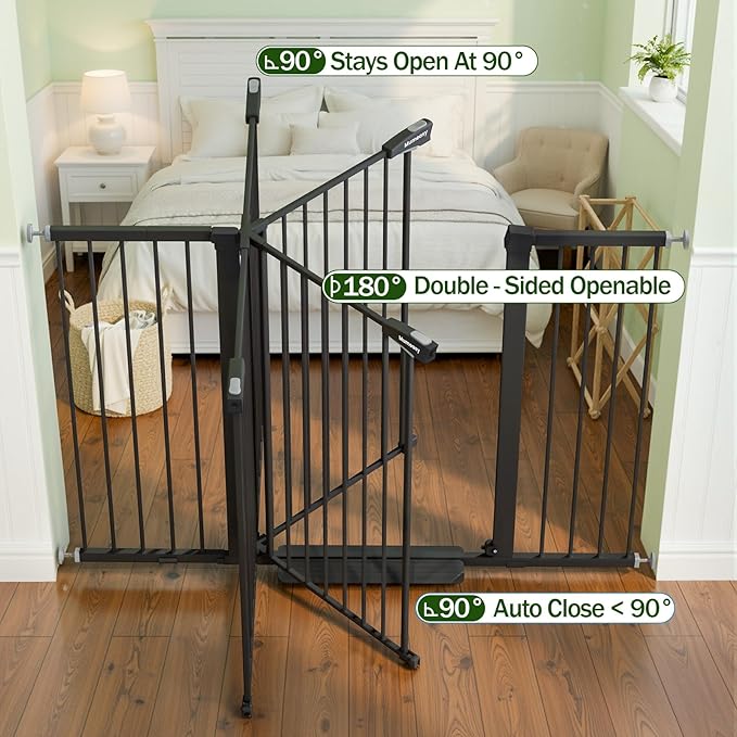 Mumeasy 36" Extra Tall Baby Gate for Doorways, 29.7"-57" Extra Wide Dog Gate for Stairs, Pressure Mounted Auto Close Pet Safety Gate with Easy Walk Thru Door, Large Indoor Child Gate for House, Black