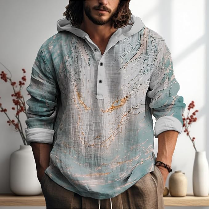 MARSVOVO Japanese Art Animal Hooded Shirt for Men Long Sleeve Quarter Button Lightweight Hoodie Cool Streetwear Tops