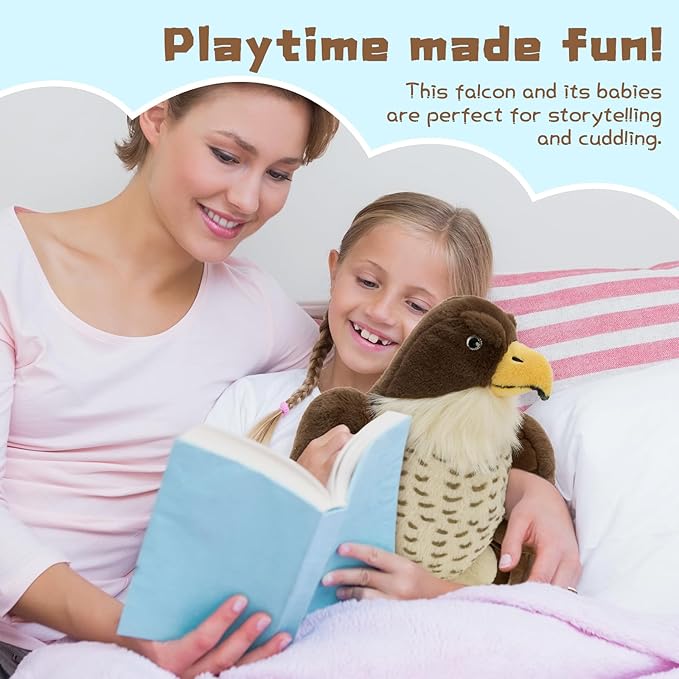 4 Pcs Peregrine Falcon Stuffed Animals Family Set - Big Parent Falcon Plush 14" - Included 3 Detachable Baby Birds with Magic-Tab Wings