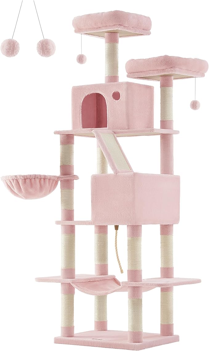 Feandrea Cat Tree, 81.1-Inch Large Cat Tower with 13 Scratching Posts, 2 Perches, 2 Caves, Basket, Hammock, Pompoms, Multi-Level Plush Cat Condo for Indoor Cats, Jelly Pink UPCT190P01