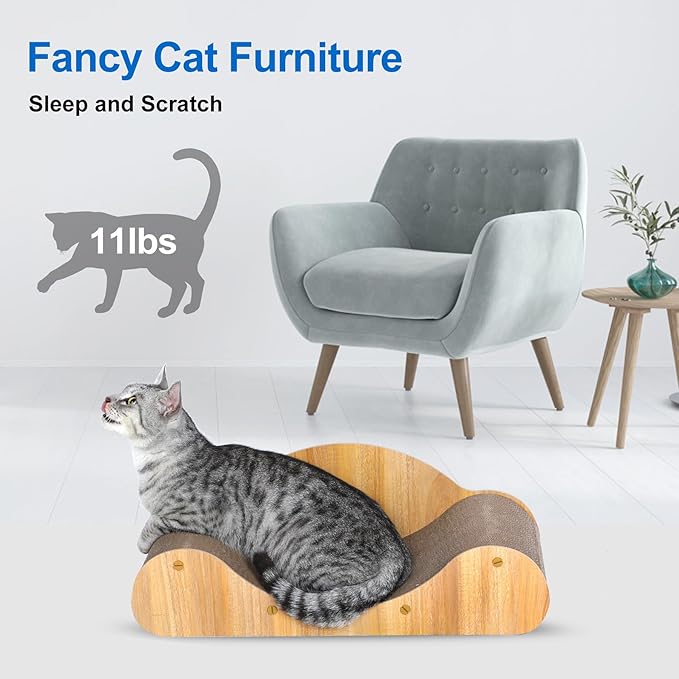 Simple Deluxe Cat Scratcher Cardboard Bed, Natural Solid Wood Scratch Lounger for Scratching&Sleeping, 23 inches Scratching Board Furniture Protector, Curved