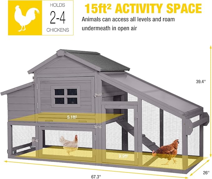 Aivituvin Chicken Coop for 2-4 Chickens with Wheels Outdoor Chicken House Mobile Large Poultry Cage Pull Out Tray No Leakage