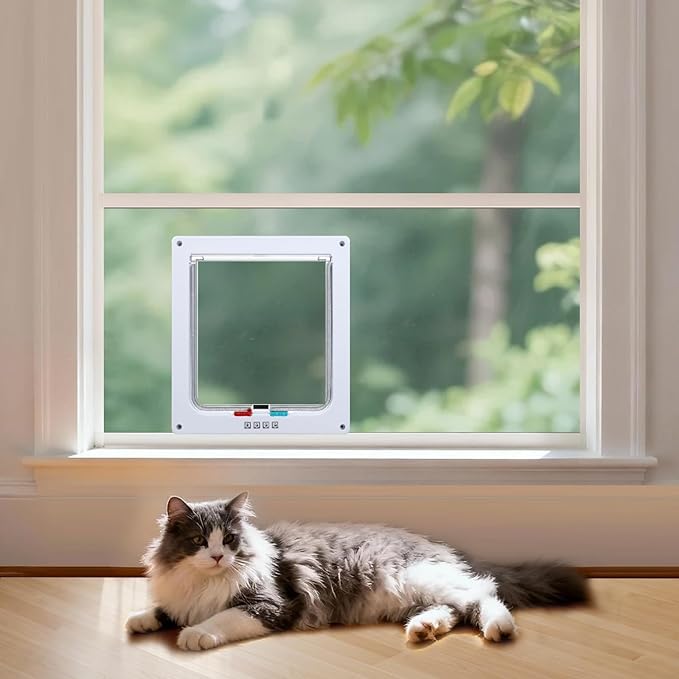 Cat Door for Window, Safety Cat Window with 4 Locking Modes, Fits 14"-32" Window, Pet Friendly Window Cat Door Insert, Ease of Installation, Magnetic Closure, Weatherproof Design, Clear Plexiglass