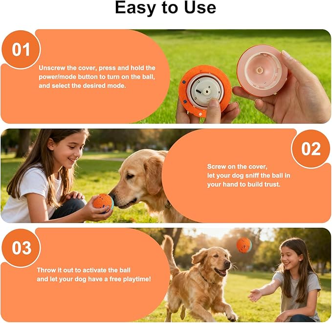 Interactive Dog Toys Dog Ball, Durable E-TPU Material,3 Play Modes with Colorful Lights, Automatic Moving, Bouncing and Rotating for Medium and Large Dogs Indoor & Outdoor (Orange)