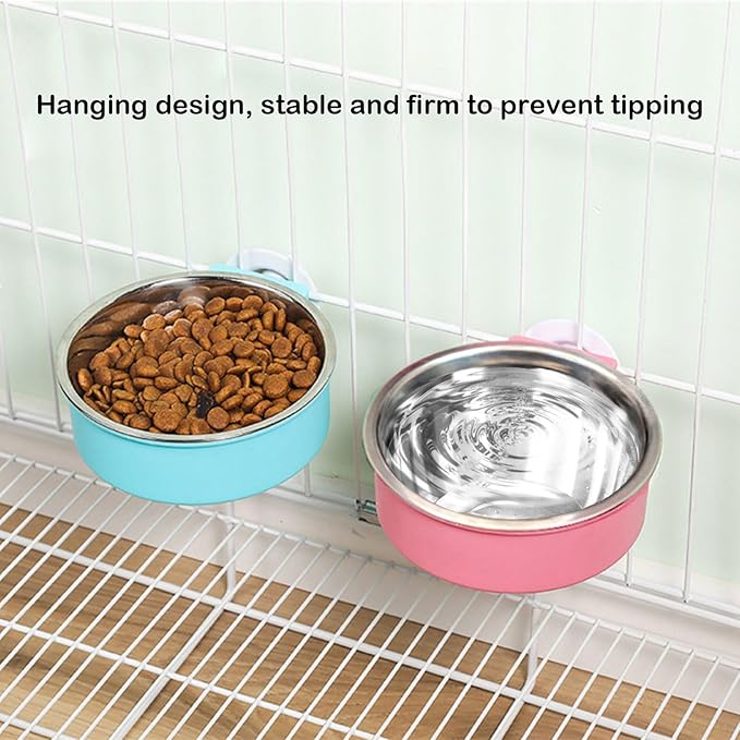 2 Pcs Crate Dog Bowl, Removable Stainless Steel Hanging Pet Food Water Feeder Pet Kennel Cage Bowl for Puppy Cat Rabbit Ferret Guinea Pig (Pink&Blue)