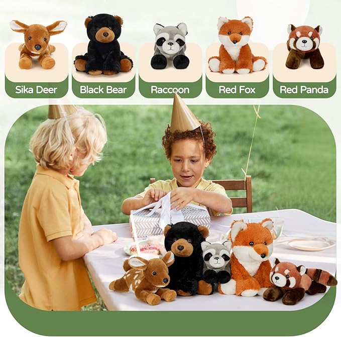 MaoGoLan 6 Pcs Soft Woodland Stuffed Animals Bulk Plush Toys for Girls Kids, 8'' Grizzly Bear Deer Fox Raccoon Red Panda Forest Animal Plushies Set Theme Party Favors Decorations Gifts Christmas