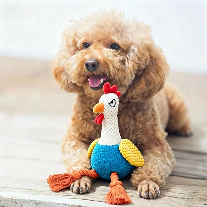 Rooster Knot Squeaky Dog Toys with Crinkle Paper for Small and Medium Dogs,Stuffed Plush Chew Toys for Puppy to Cuddle, Curl up, Snuggle - White
