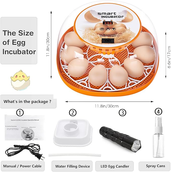 12 Egg Incubator with Automatic Egg Turning and Temperature Control, Automatic Water Adding, LED Egg Candler, Incubators for Hatching Eggs, Chickens, Ducks, Quail, Goose Eggs