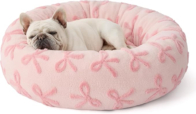 LE SURE Shown on TV Donut Medium Dog Bed - Round Cat Beds Indoor Calming Christmas Bed Gift for Pets, Home Decor Cute Modern Beds with Jacquard Shaggy Plush & Anti Slip Bottom, 30 Inch, Pink Taffy