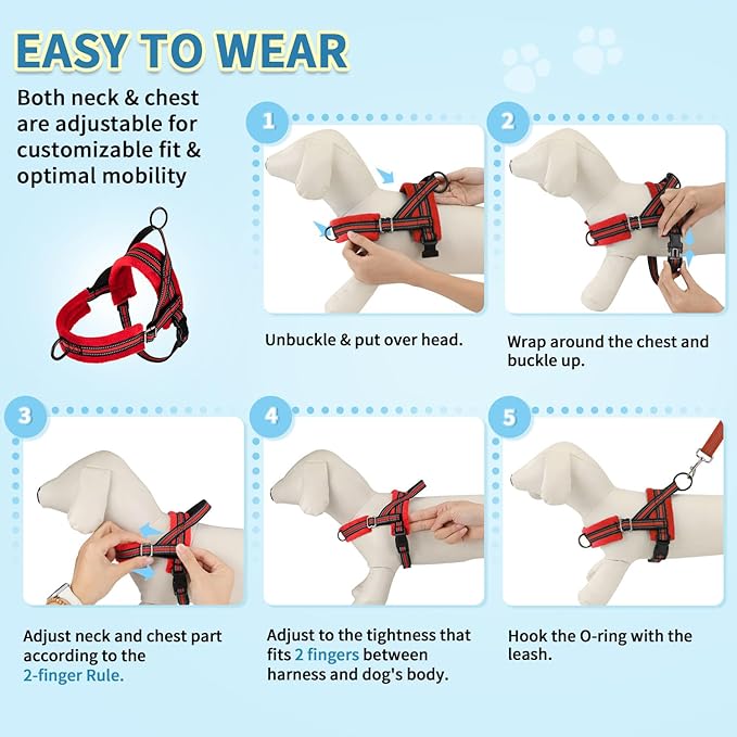 SlowTon No Pull Small Dog Harness and Leash Set, Puppy Soft Vest Harness Neck & Chest Adjustable, Reflective Lightweight Harness & Anti-Twist Pet Lead Combo for Small Medium Dogs (R-Front Clip,S)