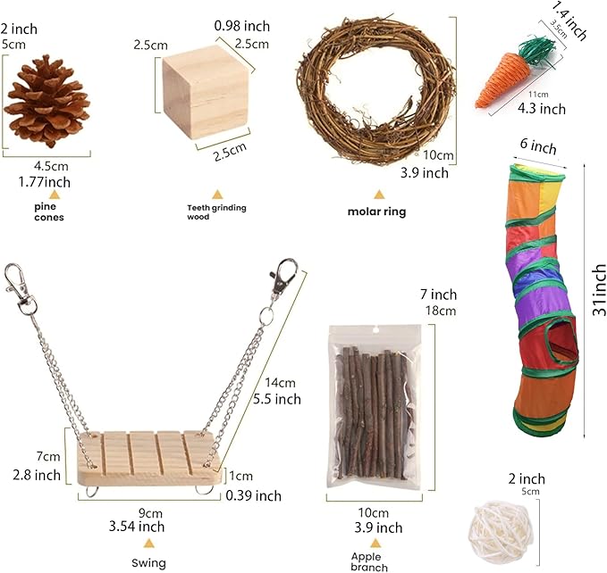 Small Animal Toys for Hamsters, Rabbits, Squirrels, and Guinea Pigs, Natural Wooden chew Toys That can Improve Learning and Relieve Anxiety, 11-Pack