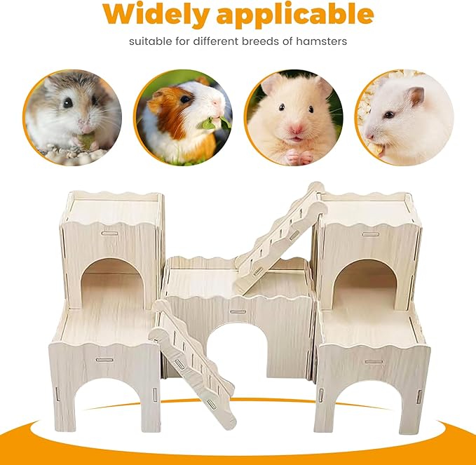 Wooden Dwarf Hamster House, Hamster Tiny House Hideout, Maze House, Large Balcony Lookout Holes, Easy to Assemble, Detachable Parts, Secure Hideaway, F