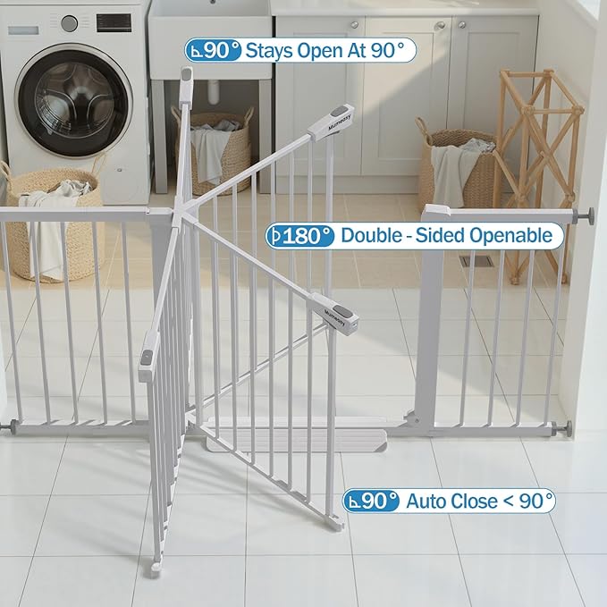 Mumeasy 29.7-57" Extra Wide Baby Gate for Doorways, Auto Close Dog Gate Indoor for Stairs, No-Drill Pressure Mounted Pet Gate with Door, Easy Walk Thru Long&Large Safety Gate for House, Outdoor, White