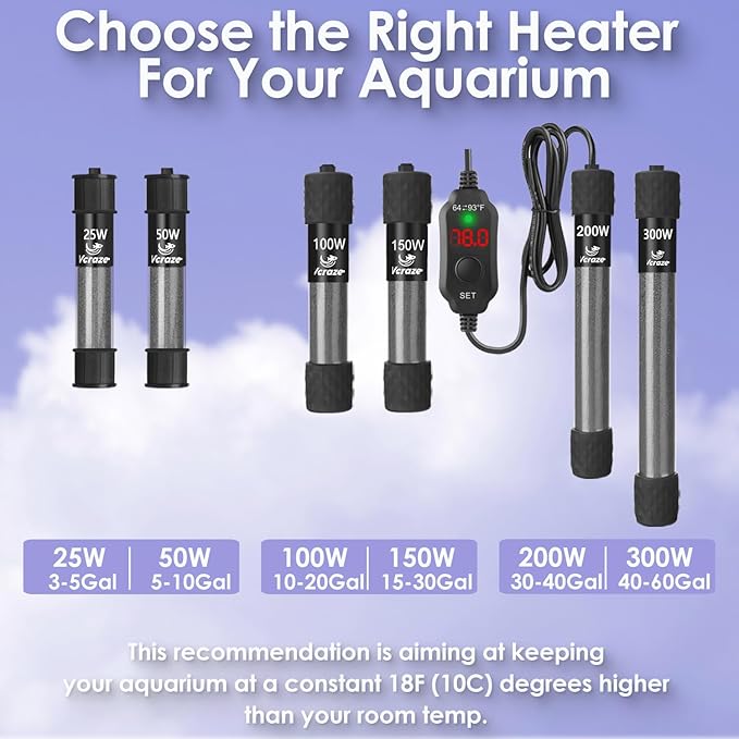 Super Compact 50W Fish Tank Heater, Submersible Aquarium Heater with LED Digital Display Thermostat, Adjustable Fish Heater for 5-10 Gallon Tanks