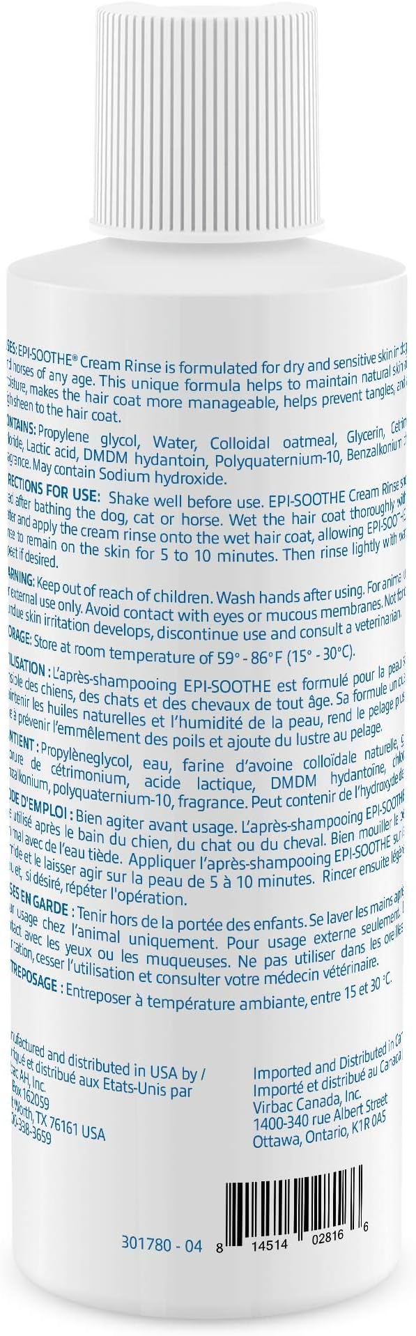 Virbac Epi-Soothe Cream Rinse Pet Conditioner For Dogs, Cats & Horses (16 oz) - For Dry or Sensitive Skin