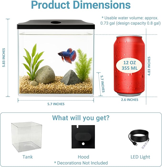 0.8-Gallon Cube Fish Bowl, Shatterproof Plastic Fish Bowl with LED Lighting, Temporary Fish Tank for Isolation, Decoration & Education