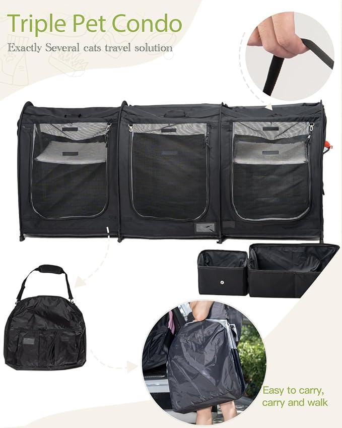 Portable Three Compartment Show House Cat Cage Condo - Easy to Fold & Carry Kennel - Comfy Puppy Home & Dog Travel Crate with Portable Carry Bag,2 Hammocks,3 Mats and Collapsible Litter Boxs
