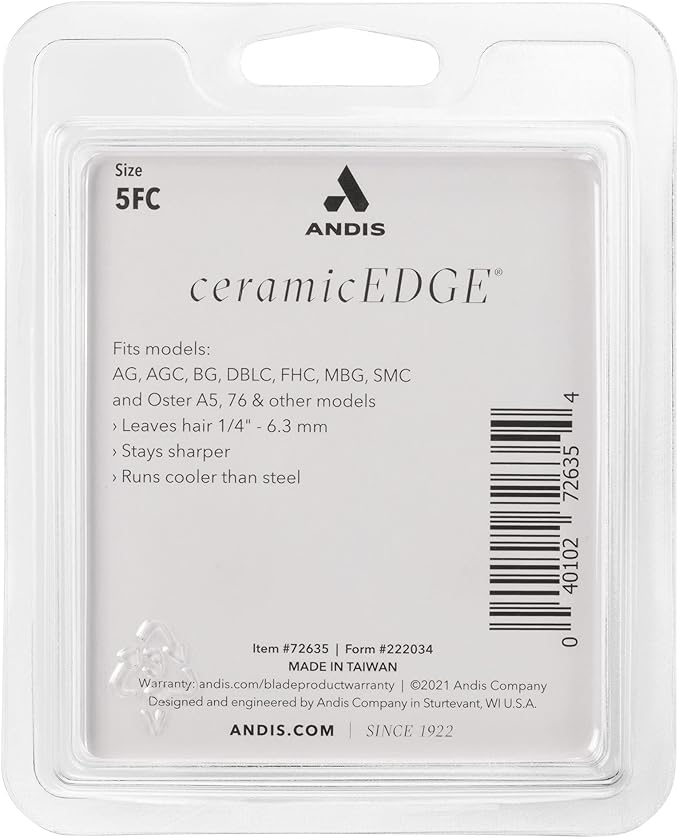 Andis 72635 CeramicEdge Carbon-Infused Steel Pet Clipper Blade, Size-5FC, 1/4-Inch Cut Length, Stainless Steel