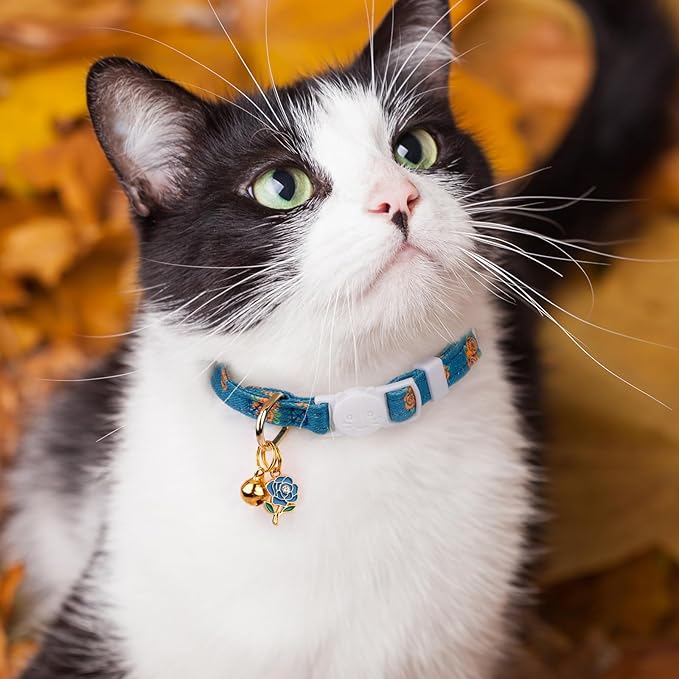 2 Pack Cotton Breakaway Cat Collar Blue and Black Rose Pendant Cute Kitten Cat Collar with Bell