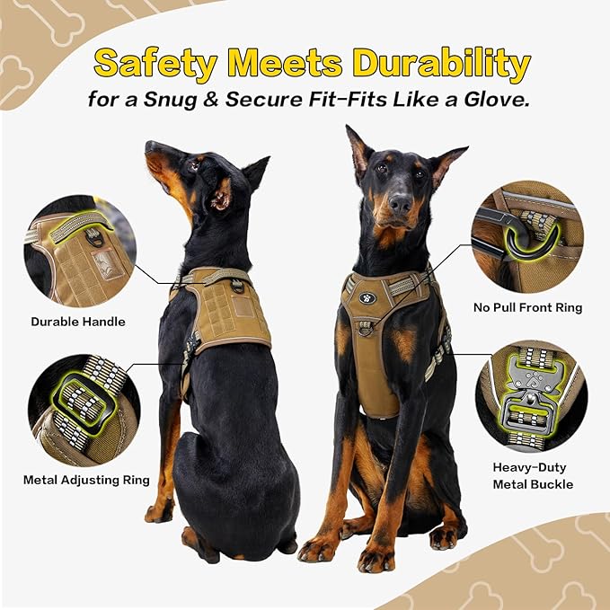 PawsPassion No Pull Dog Harness for Medium Large Dog, Heavy Duty Tactical Adjustable Pet Harness, Voyager Service Walking Vest Harness with Easy Control Handle Reflective Strip (Sandstone, L)