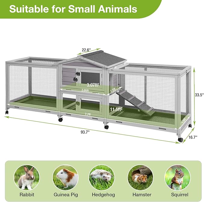 Wooden Rabbit Hutch with Wheels Indoor or Outdoor, Large Rabbit Cage with Leak Proof Tray and Waterproof Roof, Bunny Cage with Chew Proof Ramp, Suitable for Guinea Pig, Hamsters and Small Animals