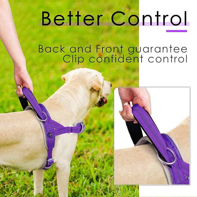 ADVENTUREMORE No Pull Dog Harness for Large Dogs, Sport Dog Halter Harness Reflective Breathable Dog Vest Escape Proof Dog Harness with Easy Control Front Clip Handle for Training Walking L Purple